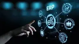 Hands interacting with digital icons, symbolizing ERP solutions and business processes.