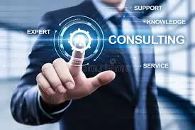 Consultant using digital interface to represent business consultancy and strategy.